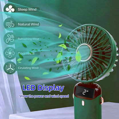 Portable Handheld Fan, USB Rechargeable Personal Fan, 1200mAh, 90° Foldable Mini Desk Fan with Led Digital Display, 5 Speeds Multi-Function Fan for Outdoor Indoor