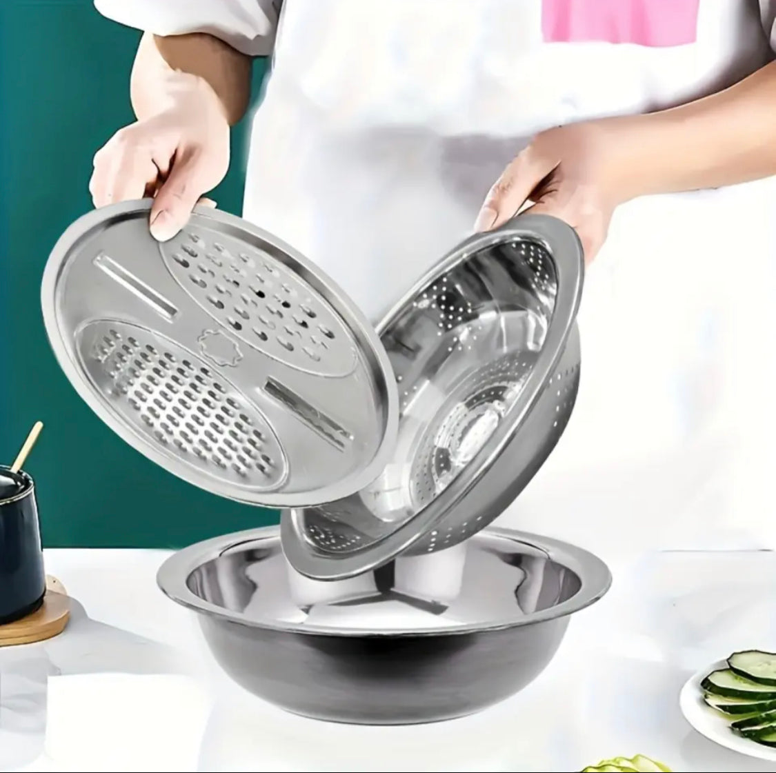3 in 1 Kitchen Colander Bowl & Grater, Multifunctional Vegetable Slicer Graters, Thickened Drainage Basin