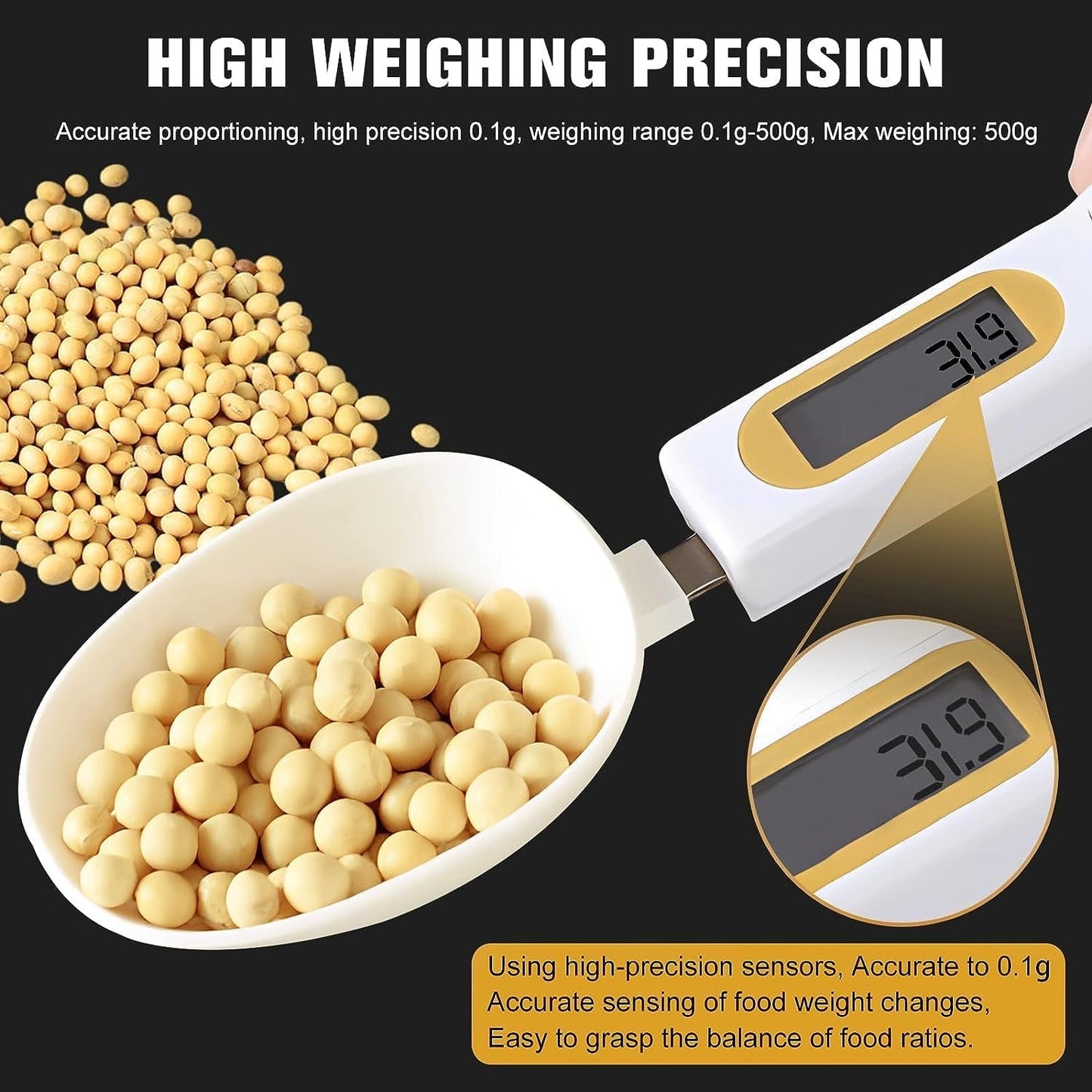Digital Spoon Scale Electronic Measuring Spoon, Food Coffee Weigh Scale High Precision for Home 500/0.1g, Digital Food Spoon Scale, Kitchen Scales with LCD Display