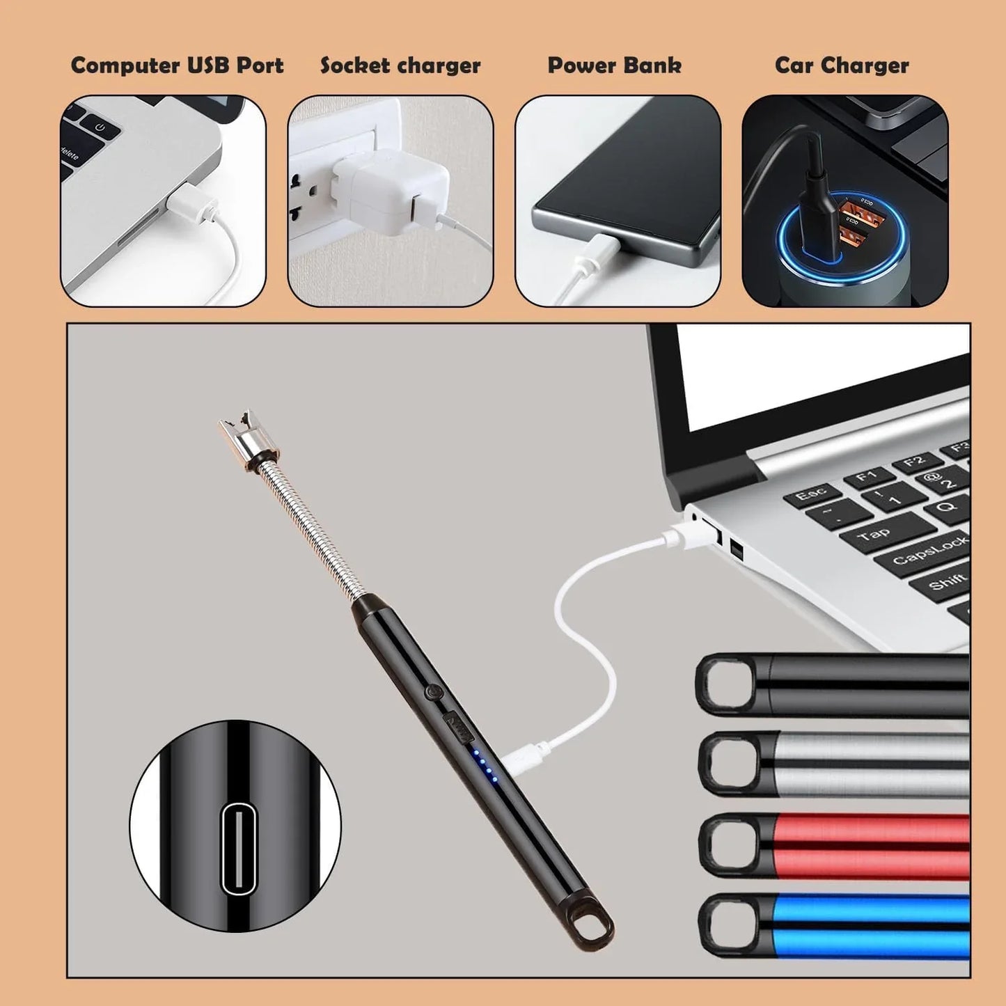 Rechargeable Electric Lighter for Kitchen Cooking Gas Stove , 360° Flexible Neck Arc Lighter Plasma Flameless Windproof USB Lighter - 400 Uses in Single Charge
