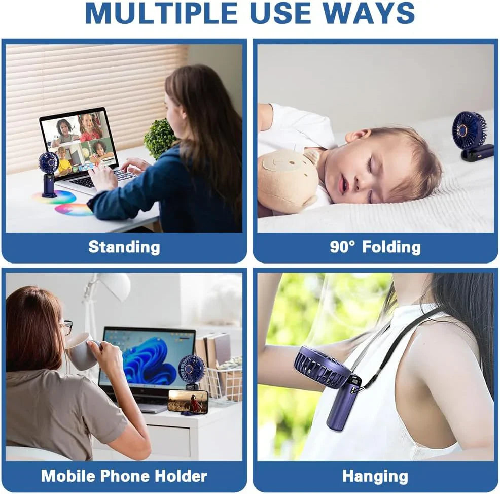 Portable Handheld Fan, USB Rechargeable Personal Fan, 1200mAh, 90° Foldable Mini Desk Fan with Led Digital Display, 5 Speeds Multi-Function Fan for Outdoor Indoor