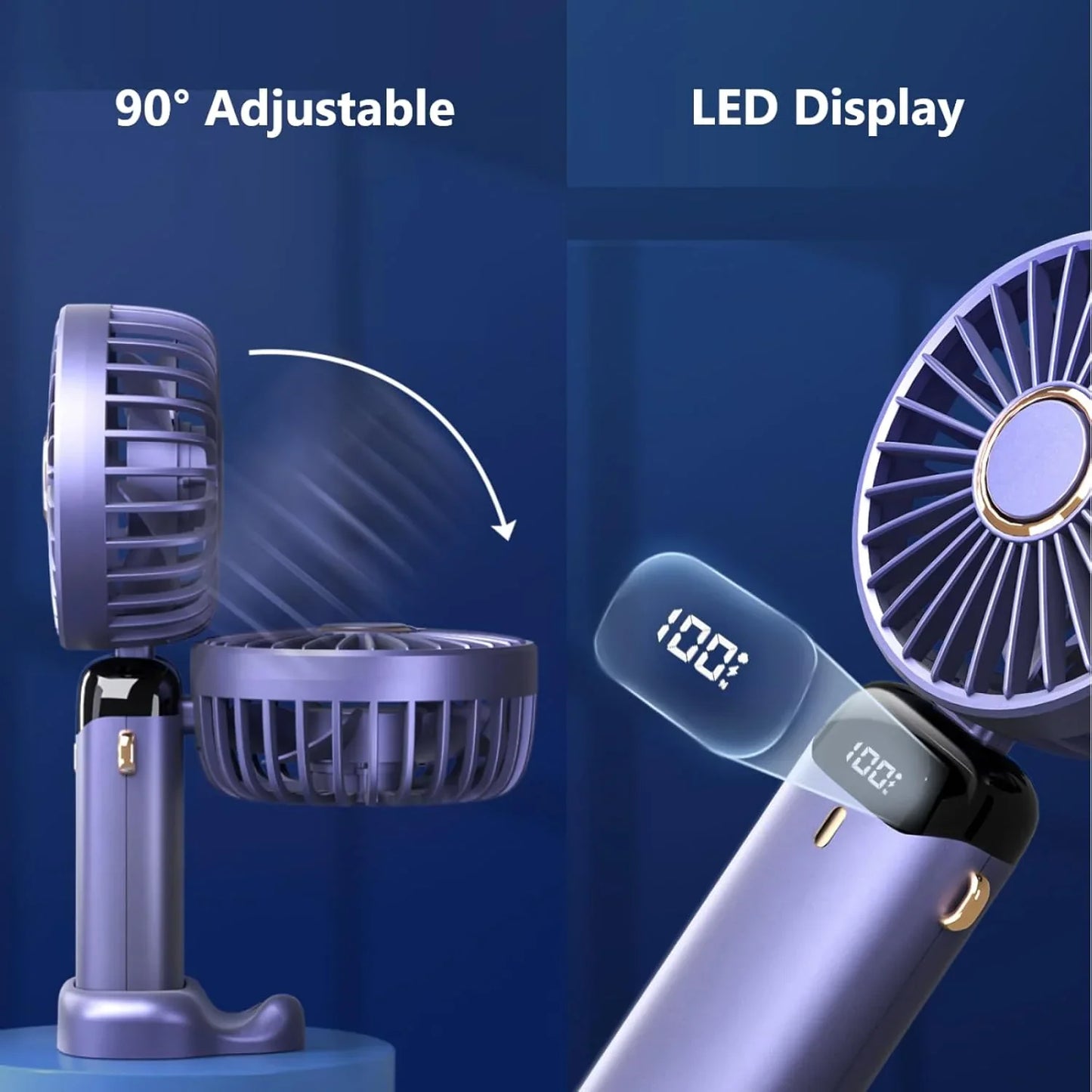 Portable Handheld Fan, USB Rechargeable Personal Fan, 1200mAh, 90° Foldable Mini Desk Fan with Led Digital Display, 5 Speeds Multi-Function Fan for Outdoor Indoor