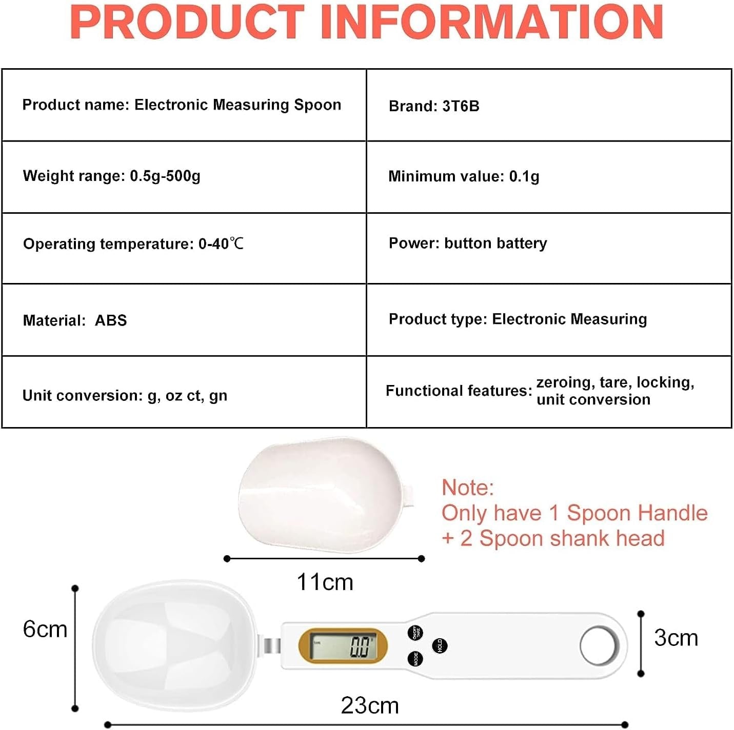 Digital Spoon Scale Electronic Measuring Spoon, Food Coffee Weigh Scale High Precision for Home 500/0.1g, Digital Food Spoon Scale, Kitchen Scales with LCD Display