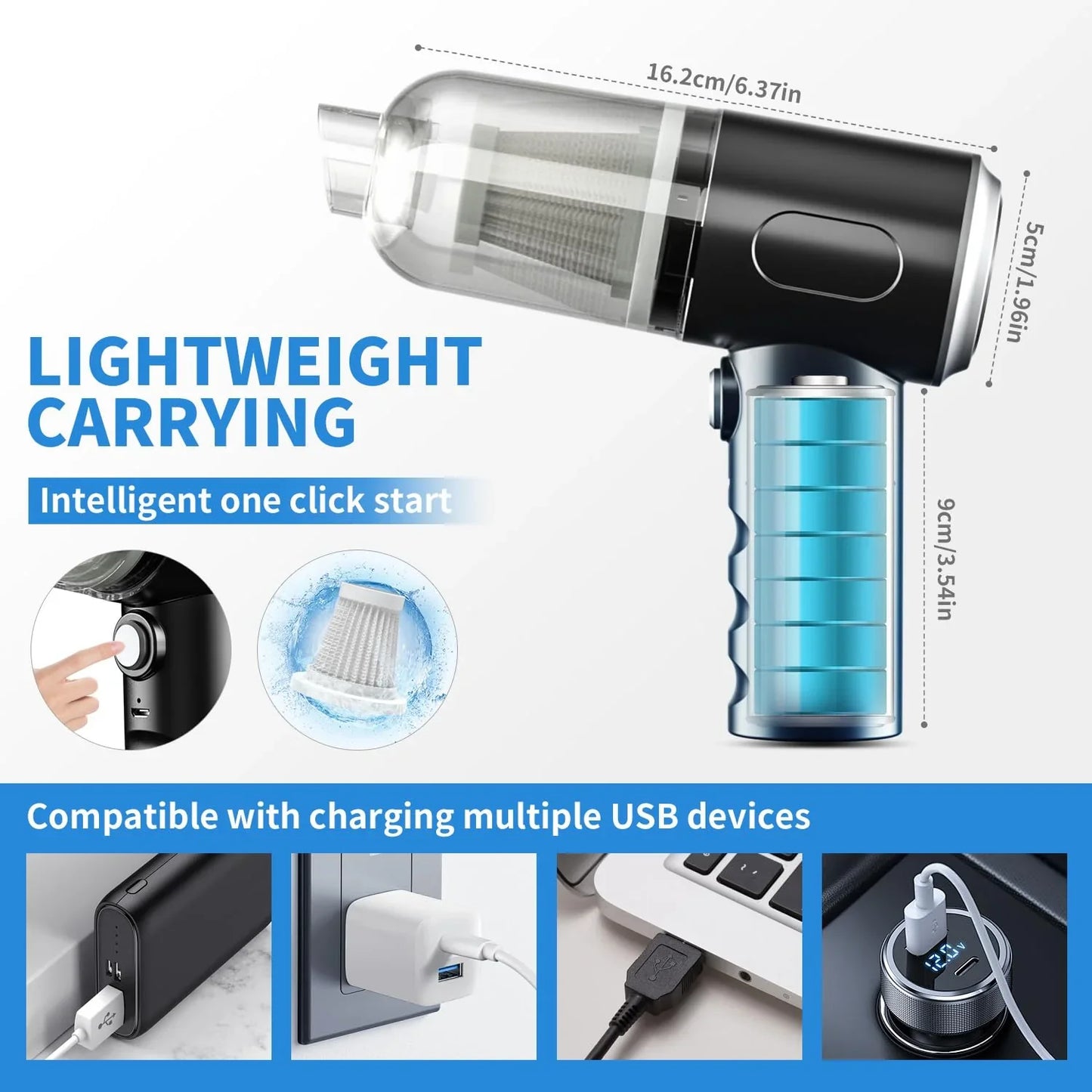 3 in 1 Car Vacuum Cleaner, 12000PA High Power Handheld Vacuum Cordless Portable Mini Vacuum Cleaner Car Accessories, Compressed Air Duster Keyboard Cleaner for Car,Desktop,Pet Hair Cleaning